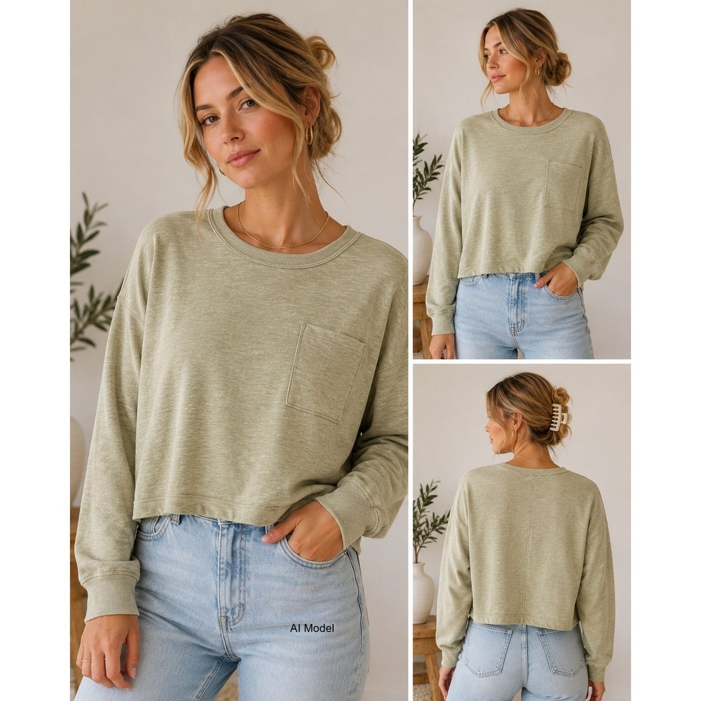 New T/S By‎ Thrive Cropped Sweatshirt Womens XL Green Slub Knit Boxy Pocket